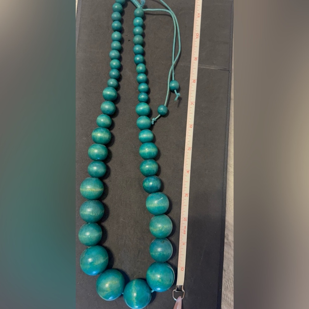 Handcrafted Teal Wood Bead Necklace - Women Jewelry